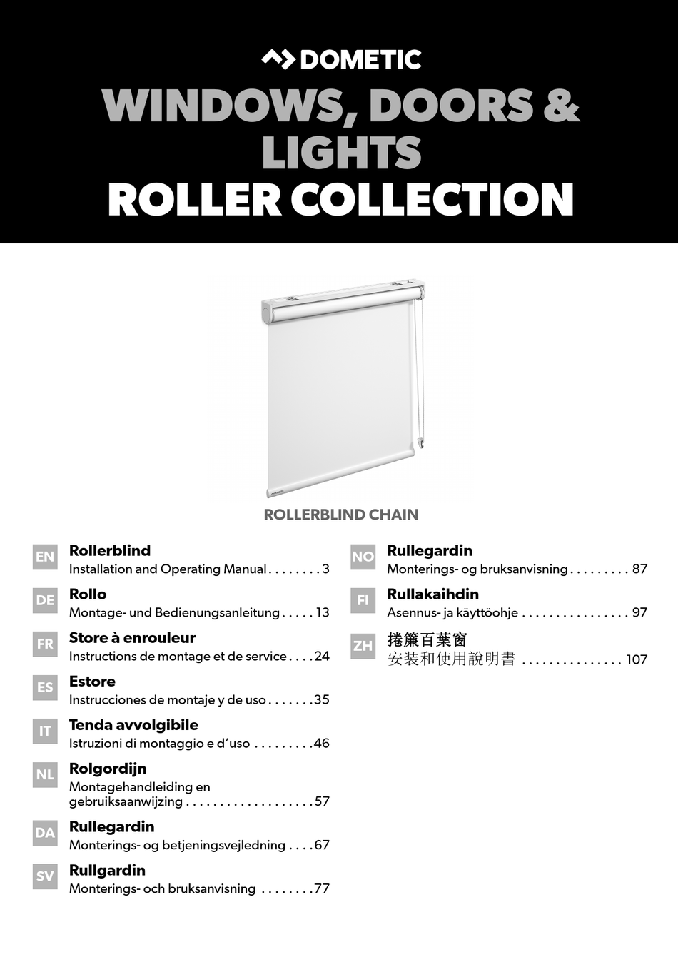 DOMETIC ROLLERBLIND CHAIN INSTALLATION AND OPERATING MANUAL Pdf