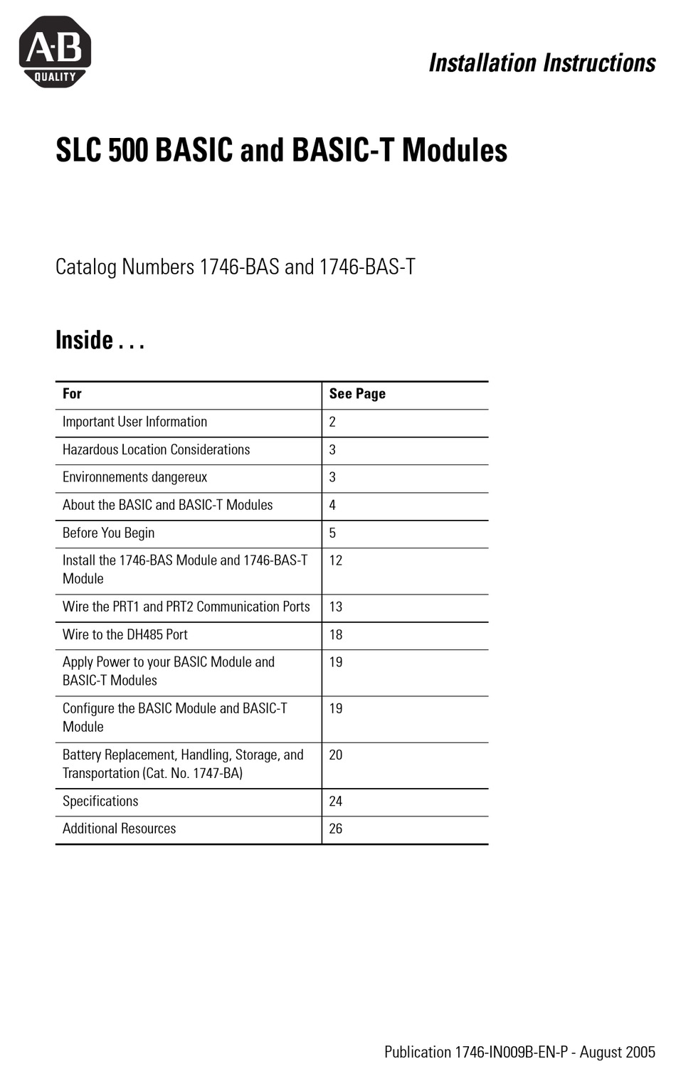 ALLEN-BRADLEY SLC 500 BASIC INSTALLATION INSTRUCTIONS MANUAL Pdf ...