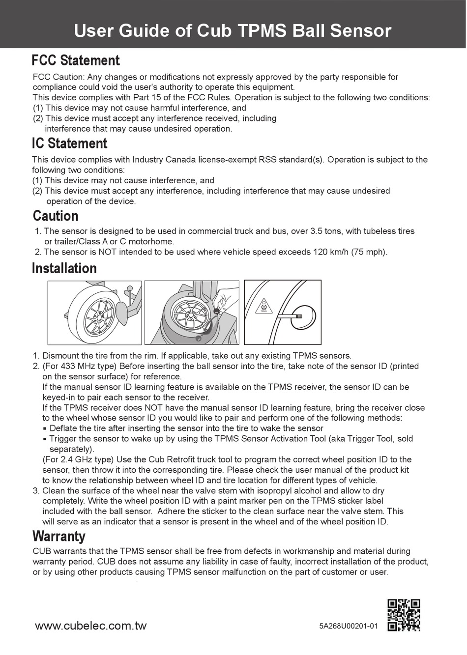 TUSON CUB TPMS BALL SENSOR USER MANUAL Pdf Download ManualsLib