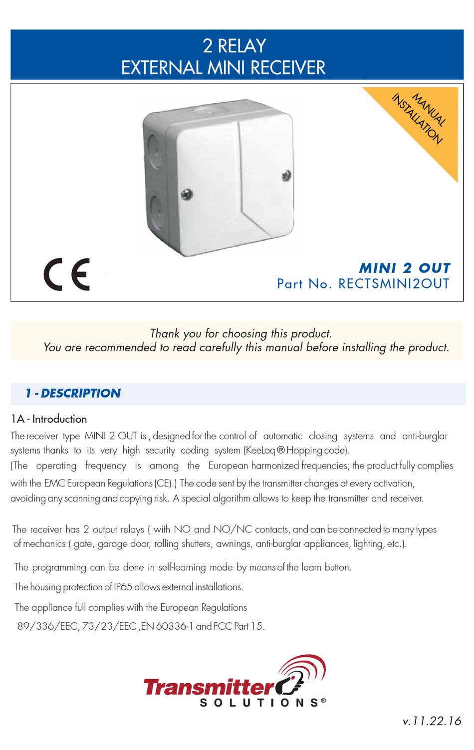 TRANSMITTER SOLUTIONS RECTSMINI2OUT MANUAL INSTALLATION Pdf Download