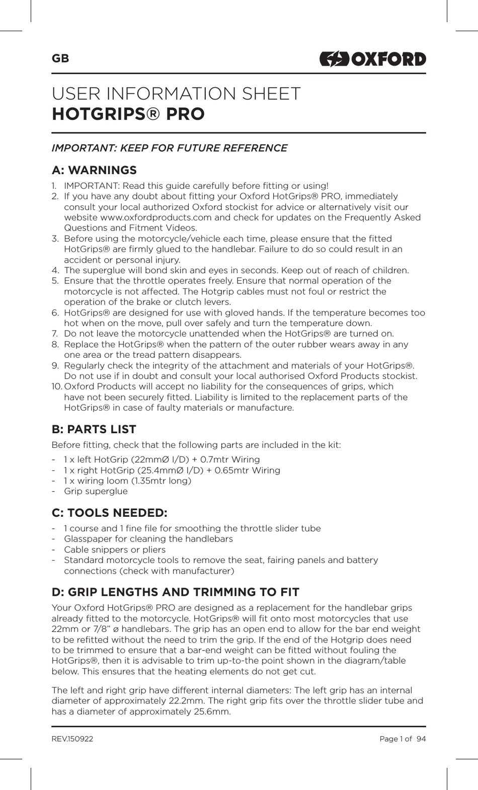 OXFORD HOTGRIPS PRO ADVENTURE USER INFORMATION Pdf Download ManualsLib