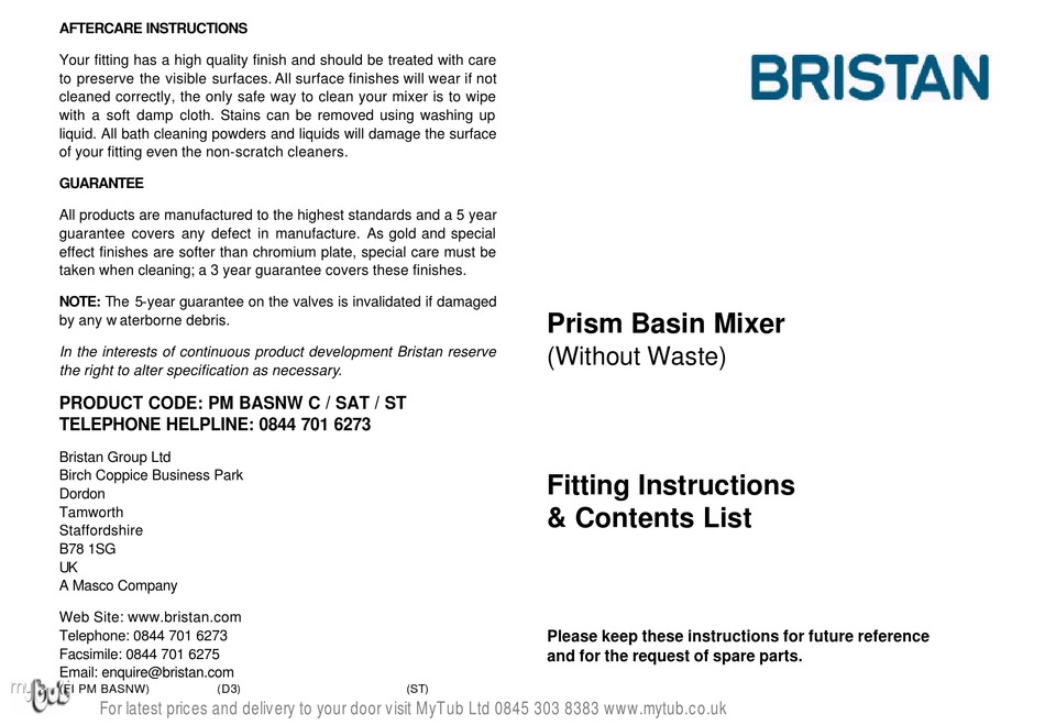 BRISTAN PRISM FITTING INSTRUCTIONS & CONTENTS LIST Pdf Download ...