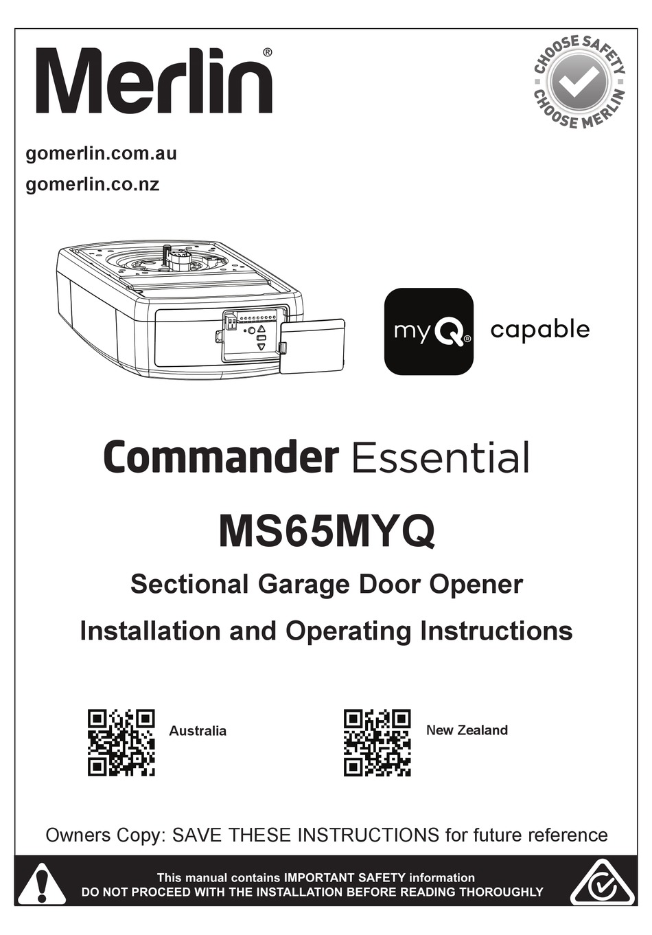 MERLIN COMMANDER ESSENTIAL MY Q CAPABLE MS65MYQ INSTALLATION AND