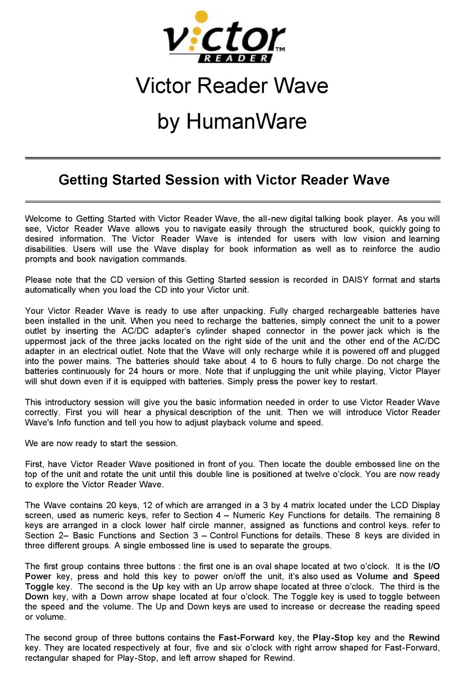 HUMANWARE VICTOR READER WAVE GETTING STARTED Pdf Download ManualsLib