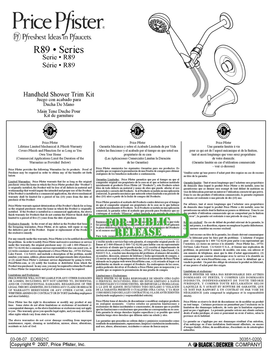 BLACK & DECKER PRICE PFISTER R89 SERIES INSTALLATION INSTRUCTIONS