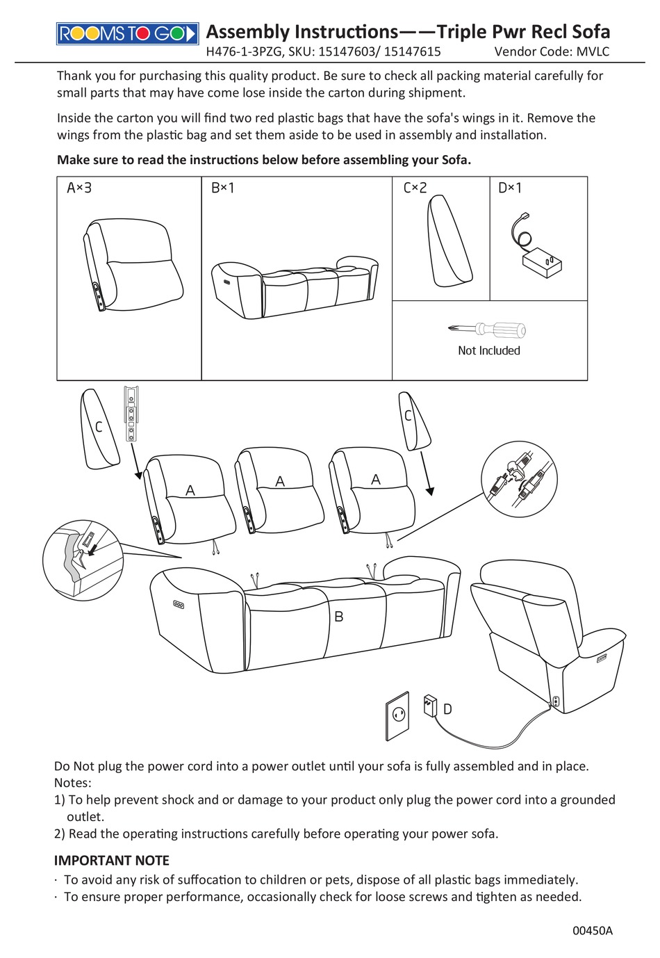 ROOMS TO GO TRIPLE PWR RECL SOFA H476-1-3PZG ASSEMBLY INSTRUCTIONS Pdf ...