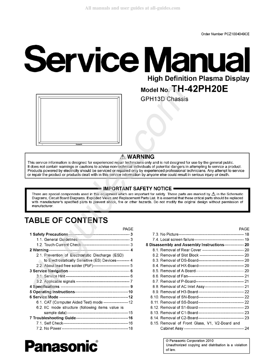 PANASONIC TH-42PH20E SERVICE MANUAL Pdf Download | ManualsLib