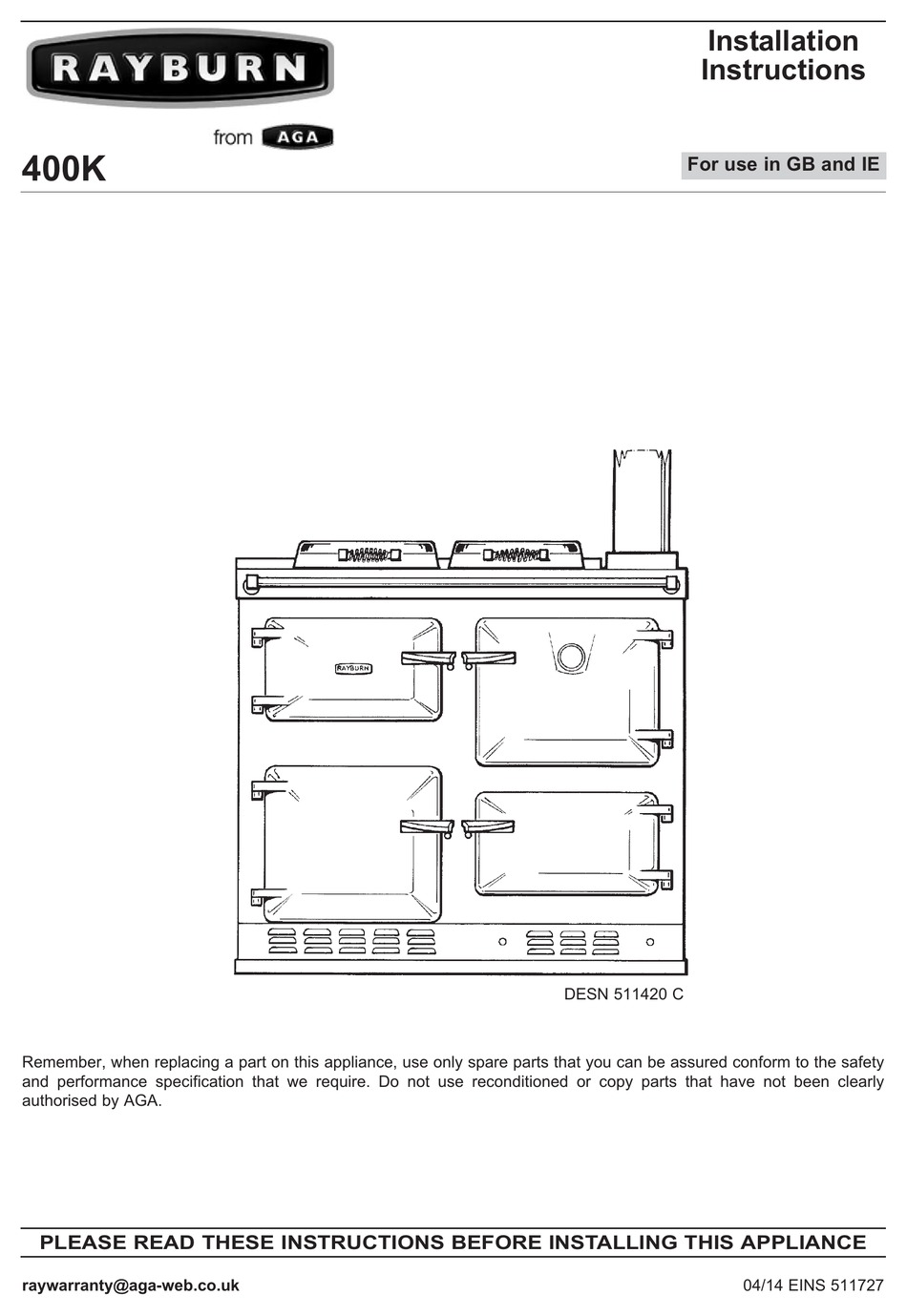 AGA RAYBURN 400K INSTALLATION INSTRUCTIONS MANUAL Pdf Download ManualsLib
