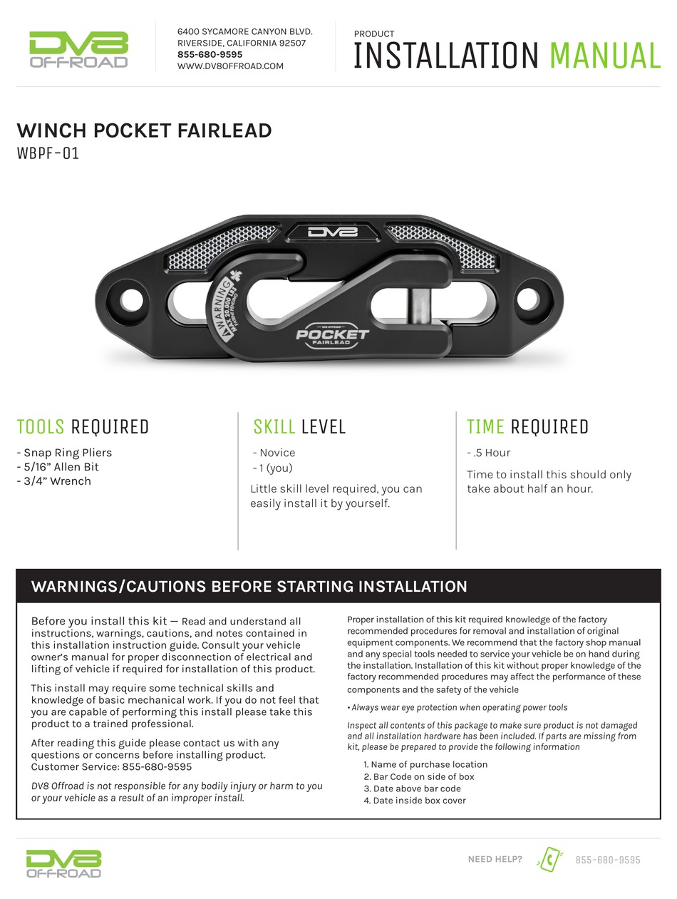 DV8 OFFROAD WINCH POCKET FAIRLEAD PRODUCT INSTALLATION MANUAL Pdf