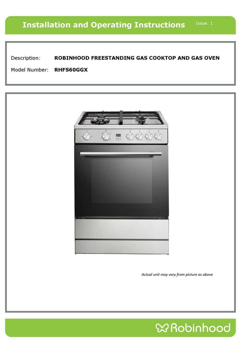 ROBINHOOD RHFS60GGX INSTALLATION AND OPERATING INSTRUCTIONS MANUAL Pdf