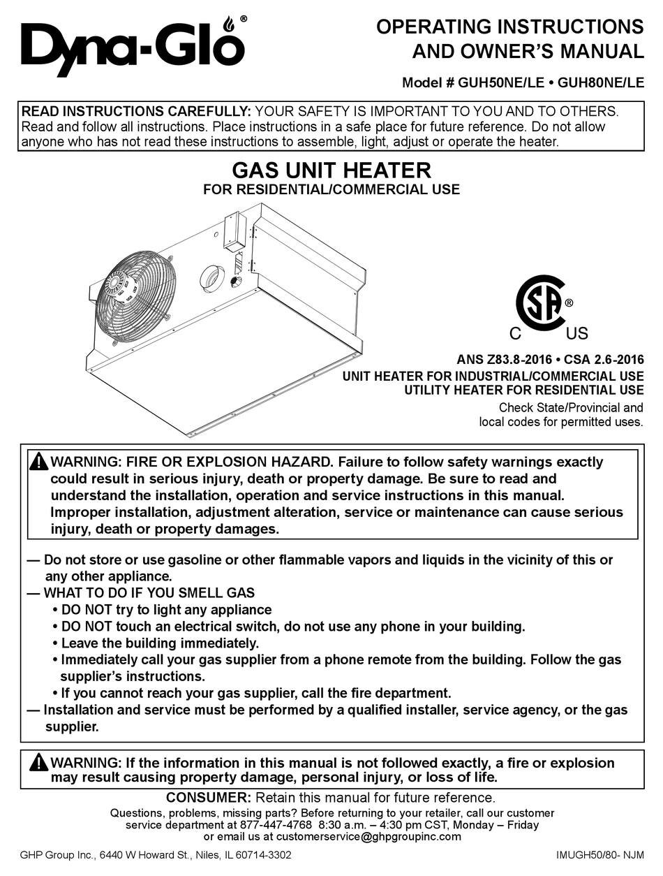 DYNAGLO GUH50NE/LE OPERATING INSTRUCTIONS AND OWNER'S MANUAL Pdf