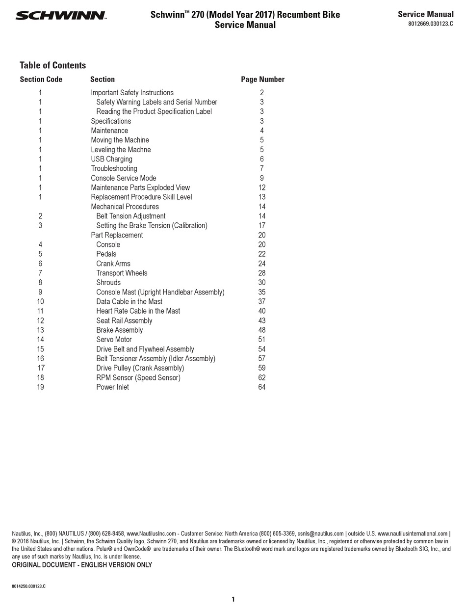 schwinn 270 console manual