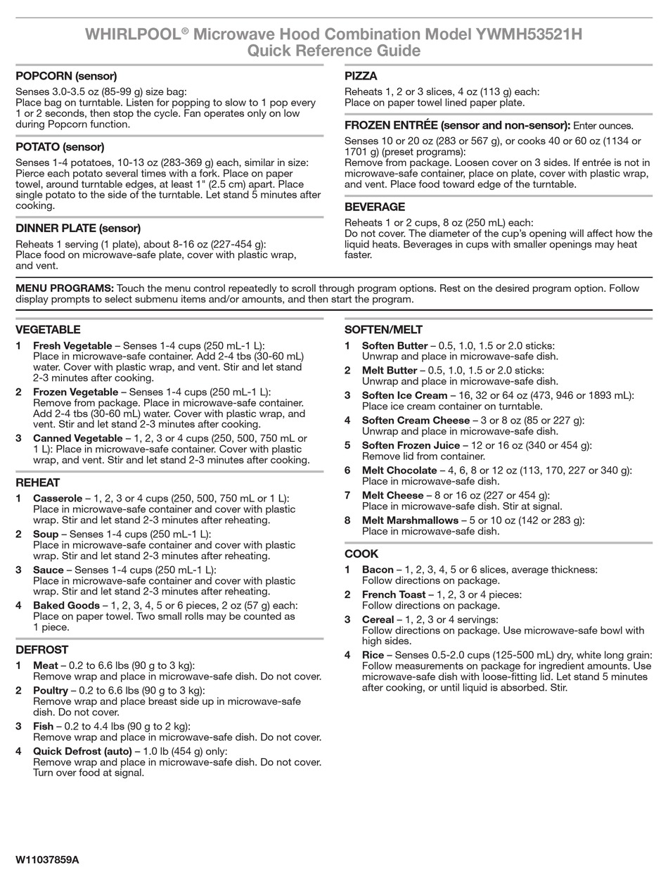WHIRLPOOL WMH53521HZ QUICK REFERENCE MANUAL Pdf Download ManualsLib