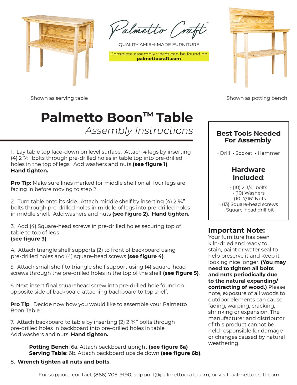 PALMETTO CRAFT PALMETTO BOON TABLE ASSEMBLY INSTRUCTIONS Pdf Download