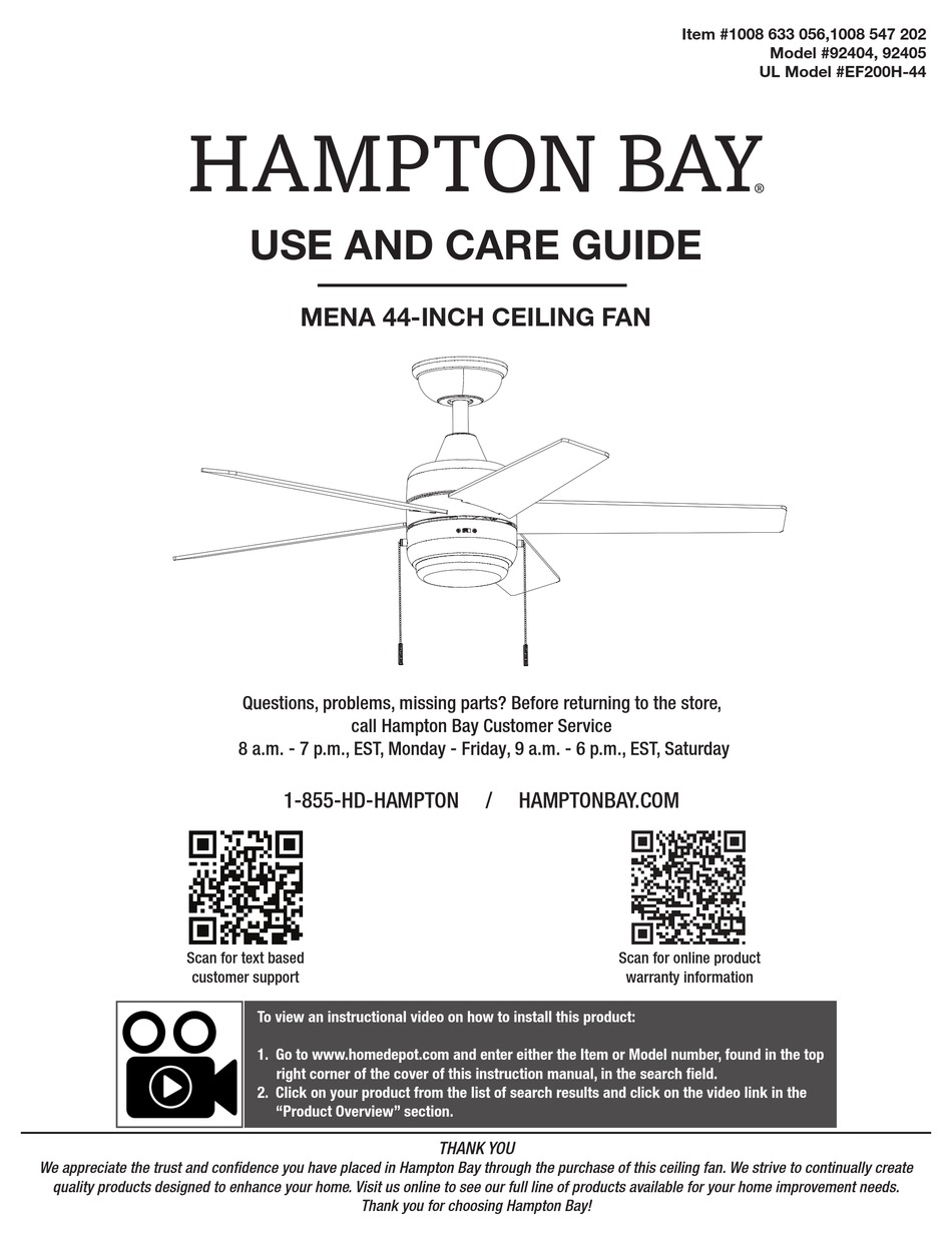 HAMPTON BAY MENA 92404 USE AND CARE MANUAL Pdf Download ManualsLib