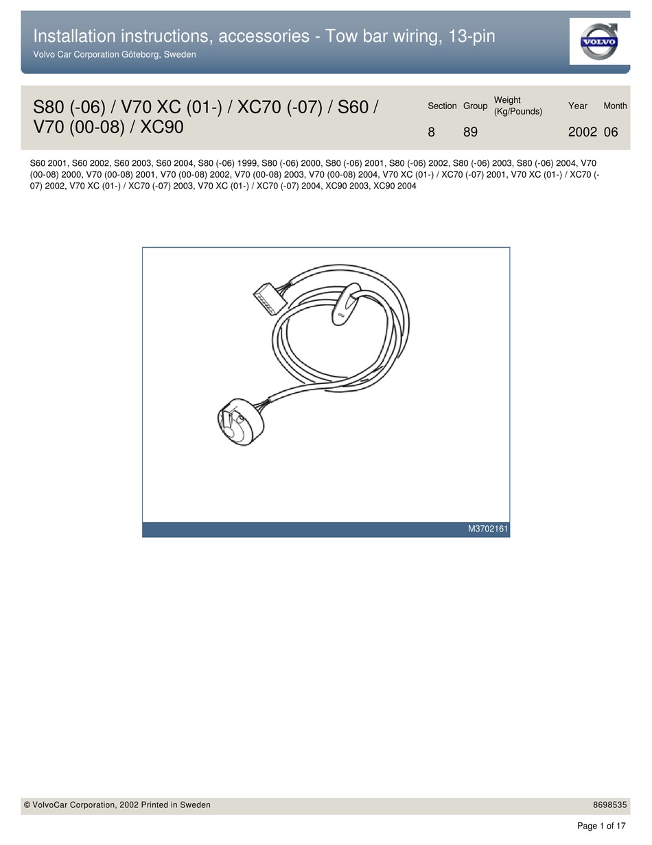 VOLVO 13PIN TOW BAR WIRING INSTALLATION INSTRUCTIONS MANUAL Pdf