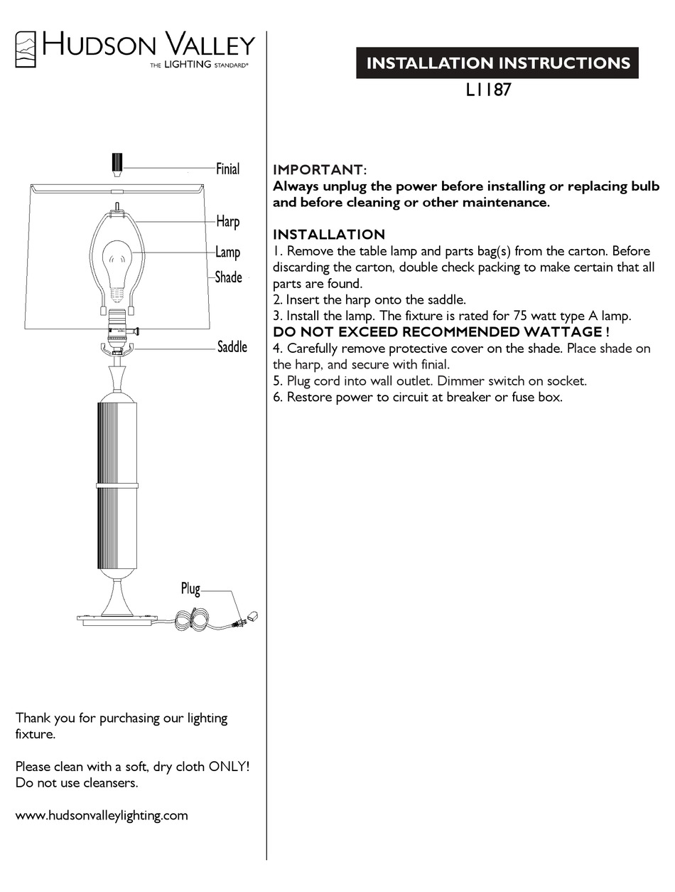 HUDSON VALLEY L1187 INSTALLATION INSTRUCTIONS Pdf Download ManualsLib