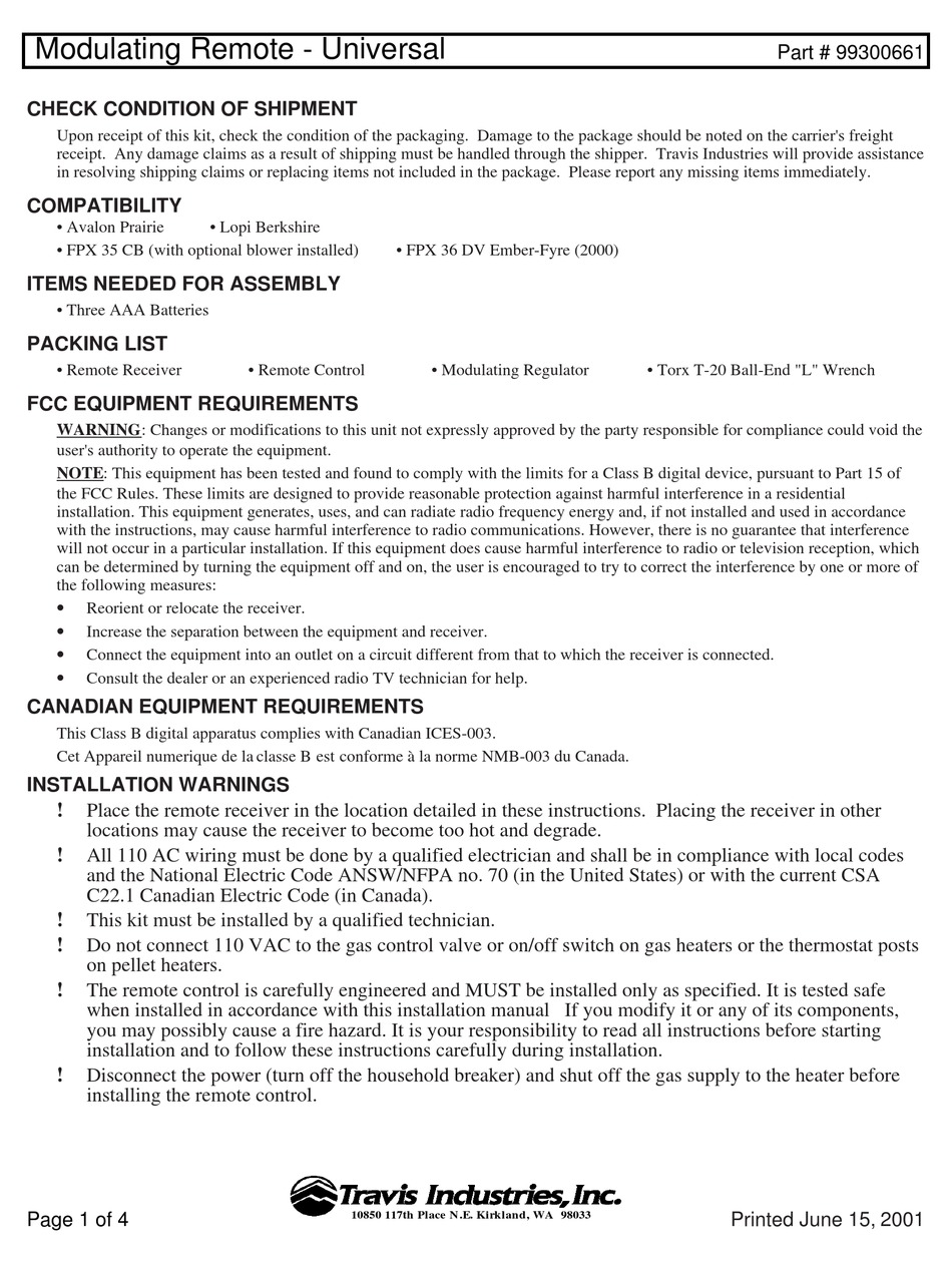 TRAVIS INDUSTRIES 99300661 MANUAL Pdf Download ManualsLib