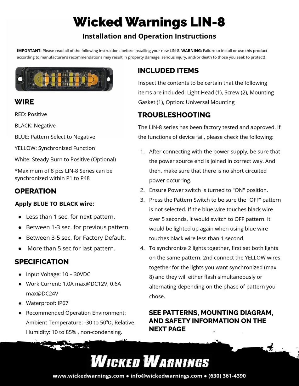 WICKED WARNINGS LIN8 INSTALLATION & OPERATION INSTRUCTIONS Pdf