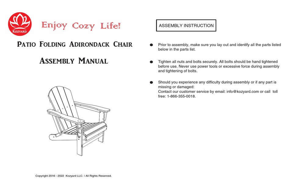 KOZYARD PATIO FOLDING ADIRONDACK CHAIR ASSEMBLY MANUAL Pdf Download