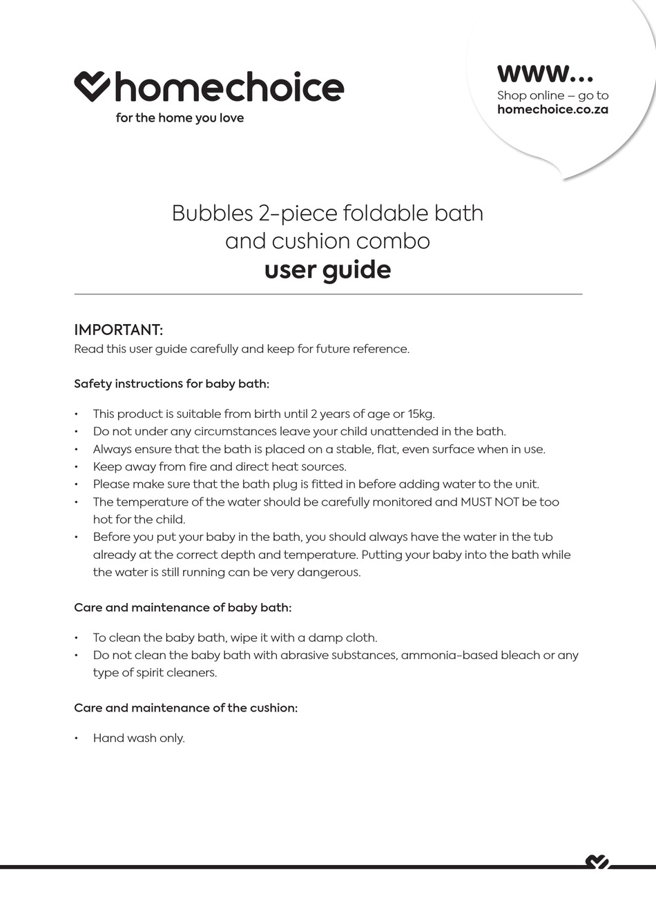 HOMECHOICE BUBBLES 2PIECE FOLDABLE BATH AND CUSHION COMBO USER MANUAL
