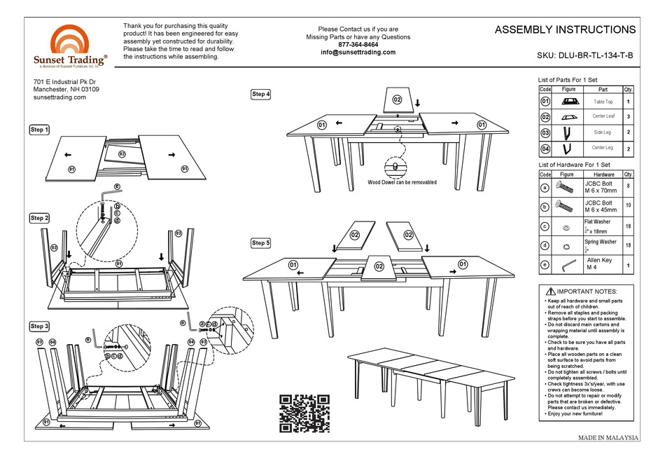 SUNSET FURNITURE SUNSET TRADING DLUBRTL134TB ASSEMBLY INSTRUCTIONS