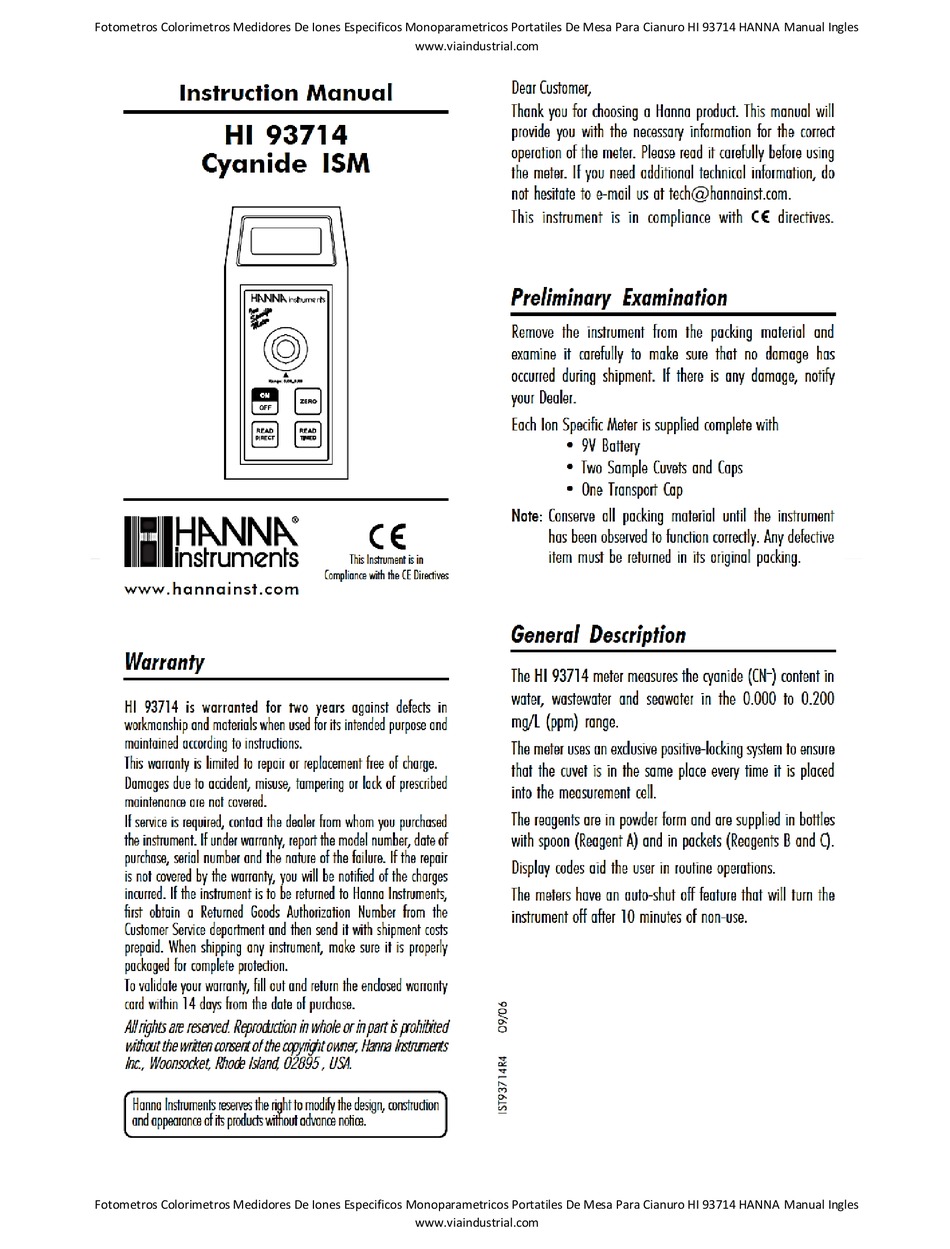HANNA INSTRUMENTS HI 93714 INSTRUCTION MANUAL Pdf Download ManualsLib