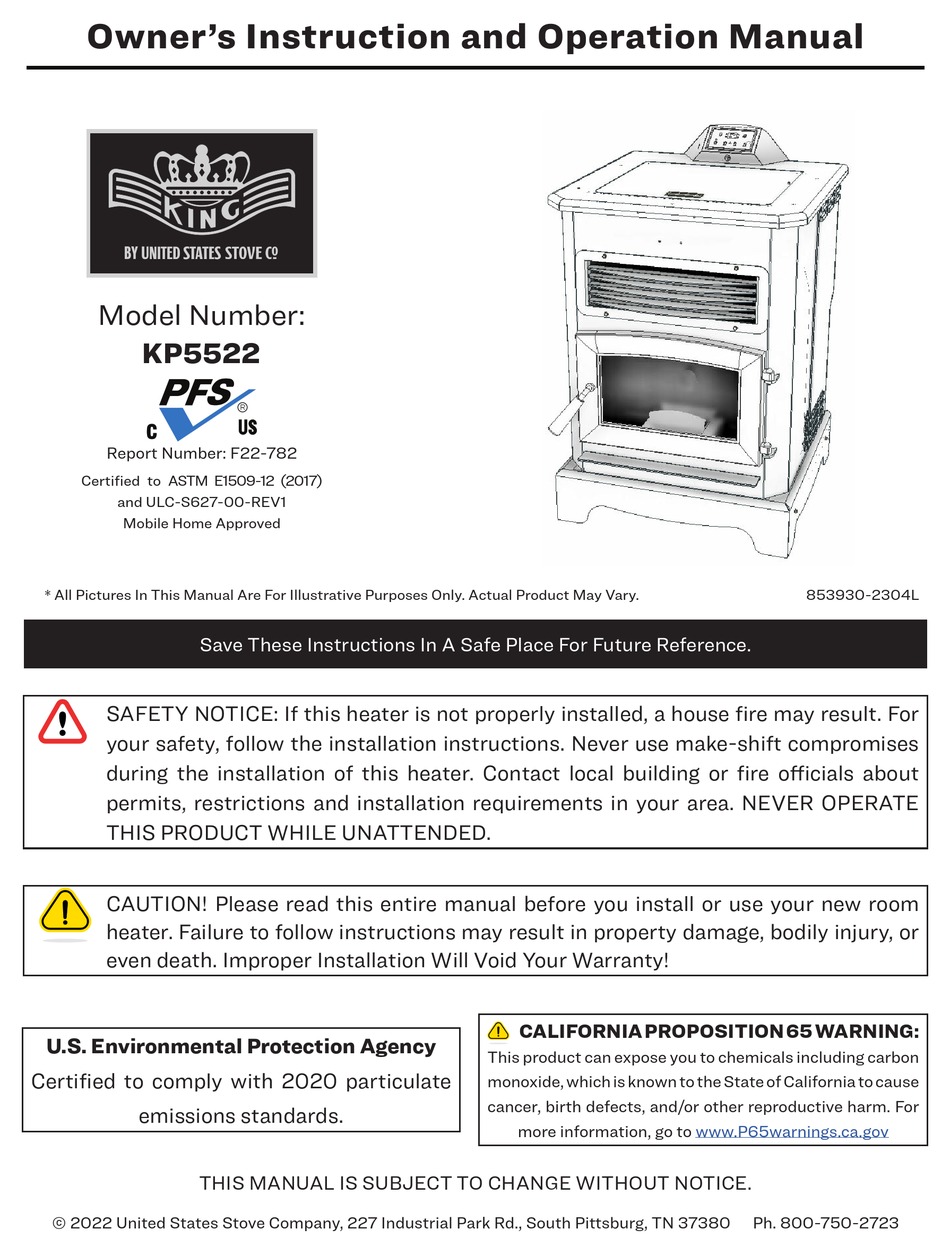 UNITED STATES STOVE KING KP5522 OWNER’S INSTRUCTION AND OPERATION