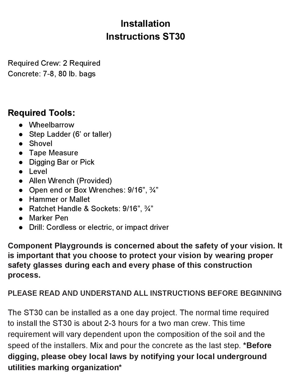 COMPONENT PLAYGROUNDS ST30 INSTALLATION INSTRUCTIONS MANUAL Pdf