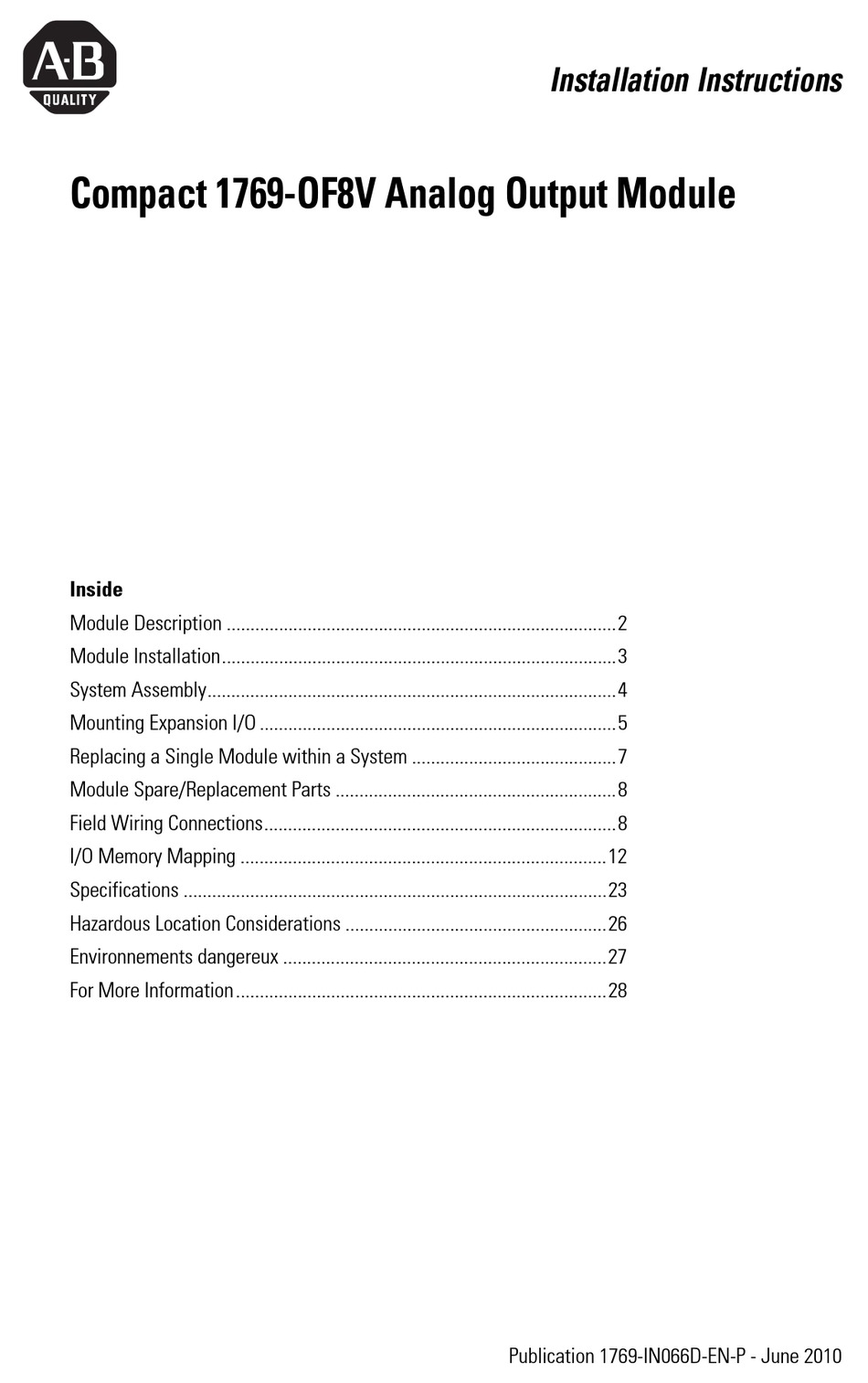 ROCKWELL AUTOMATION ALLEN-BRADLEY 1769-OF8V INSTALLATION INSTRUCTIONS ...