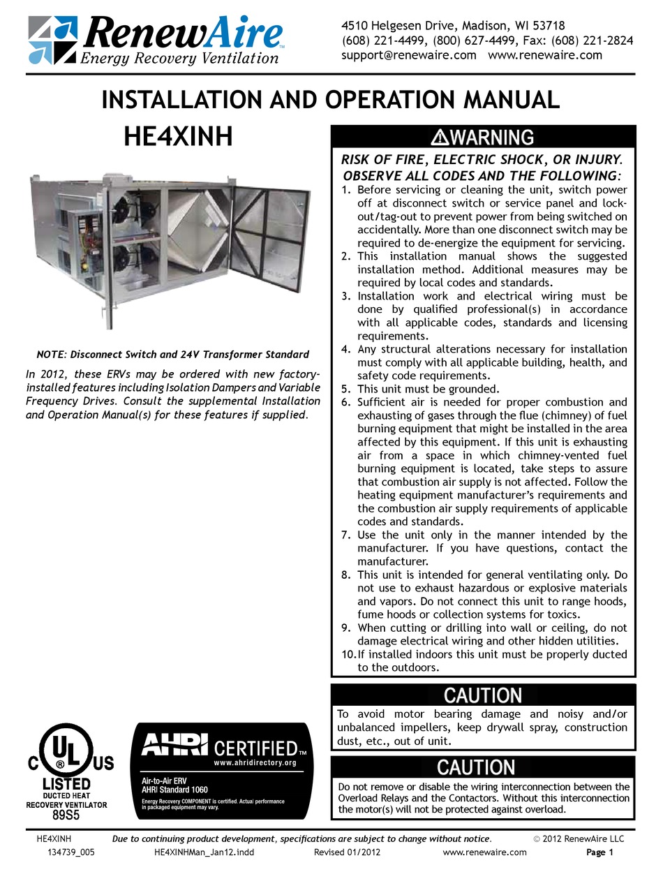 RENEWAIRE HE4XINH INSTALLATION AND OPERATION MANUAL Pdf Download ...