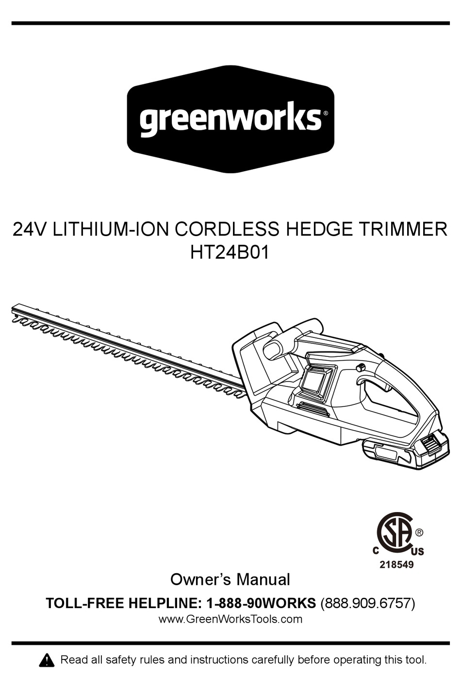 GREENWORKS HT24B01 OWNER