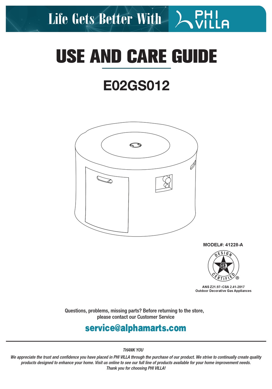 PHI VILLA E02GS012 USE AND CARE MANUAL Pdf Download ManualsLib