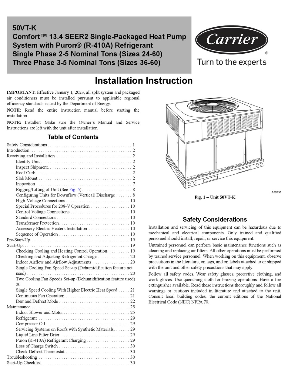 CARRIER COMFORT 50VTK INSTALLATION INSTRUCTION Pdf Download ManualsLib