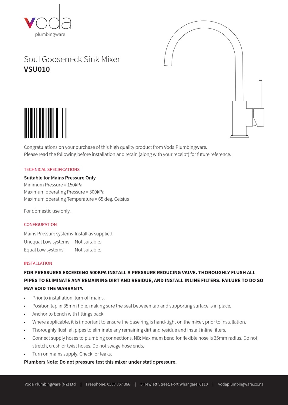 VODA PLUMBINGWARE VSU010 QUICK START MANUAL Pdf Download ManualsLib