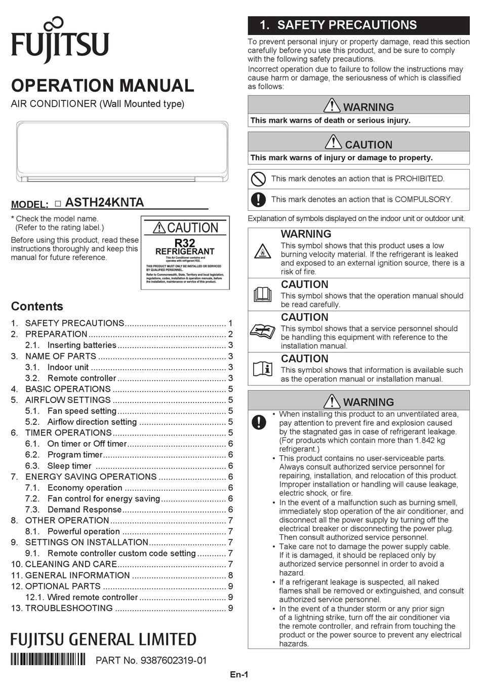 FUJITSU ASTH24KNTA OPERATION MANUAL Pdf Download ManualsLib