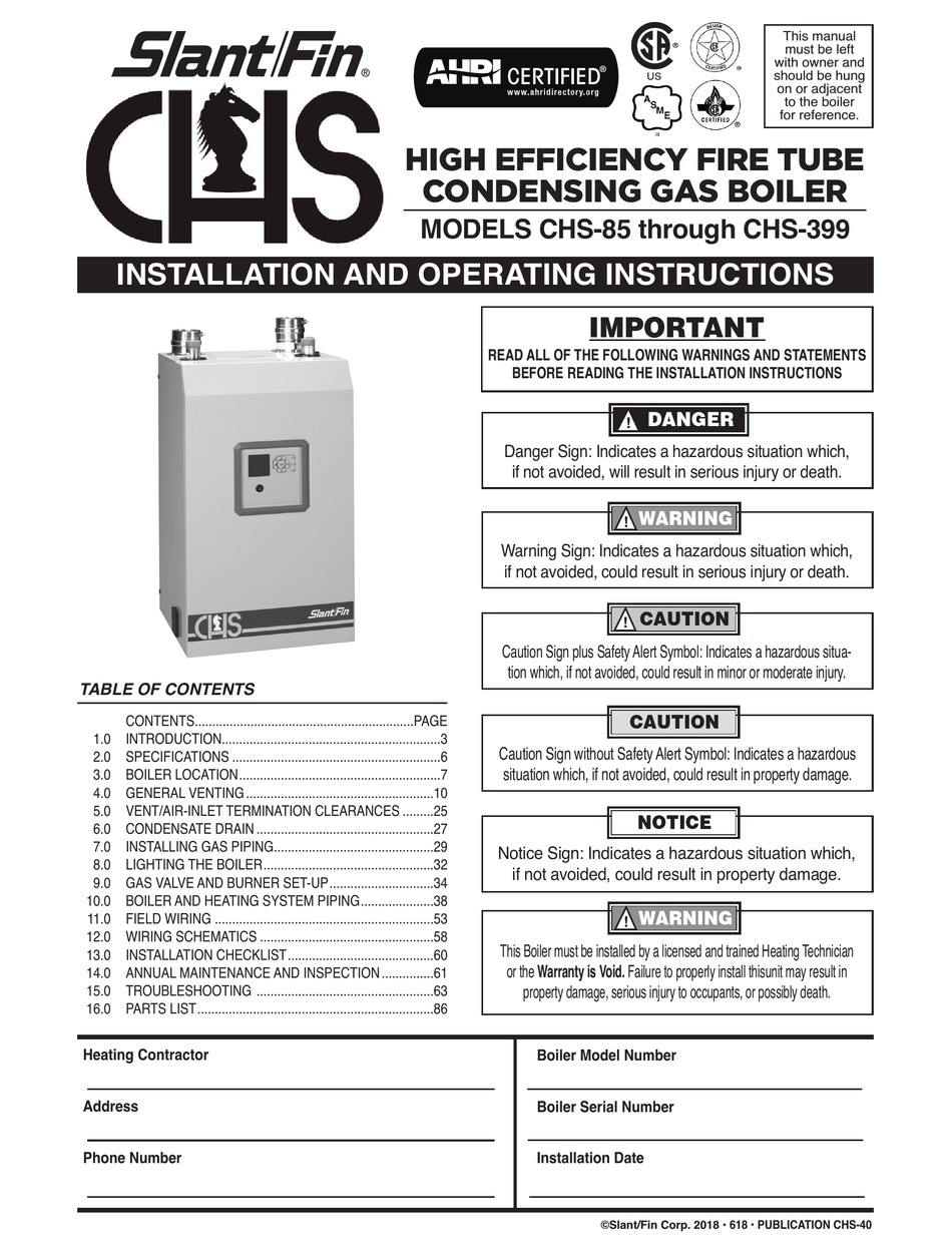 SLANT/FIN CHS399 INSTALLATION AND OPERATING INSTRUCTIONS MANUAL Pdf