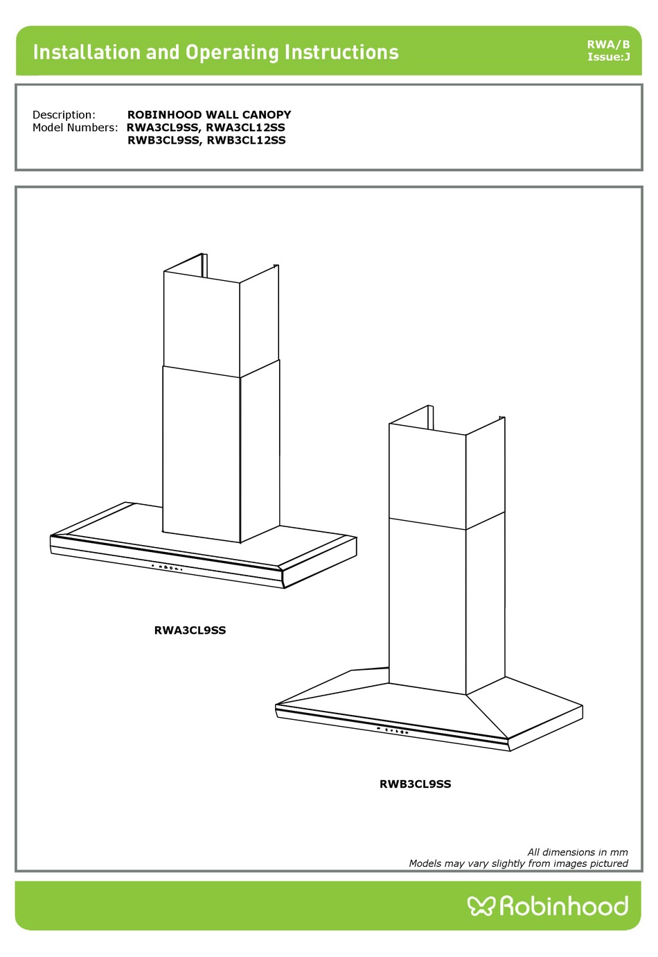 ROBINHOOD RWA3CL9SS INSTALLATION AND OPERATING INSTRUCTIONS MANUAL Pdf