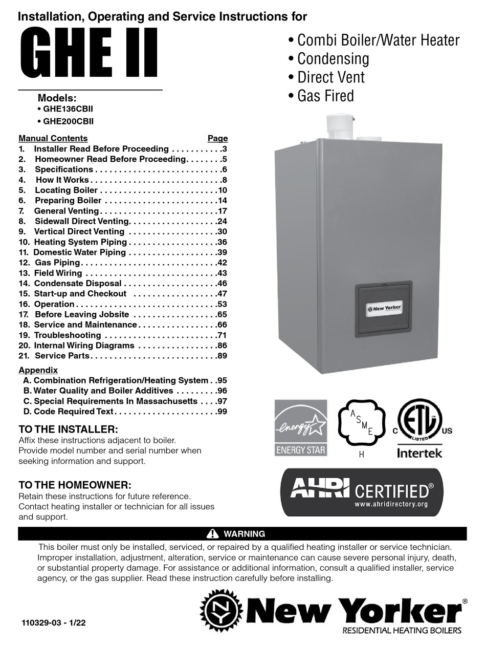 NEW YORKER GHE II INSTALLATION, OPERATING AND SERVICE INSTRUCTIONS Pdf