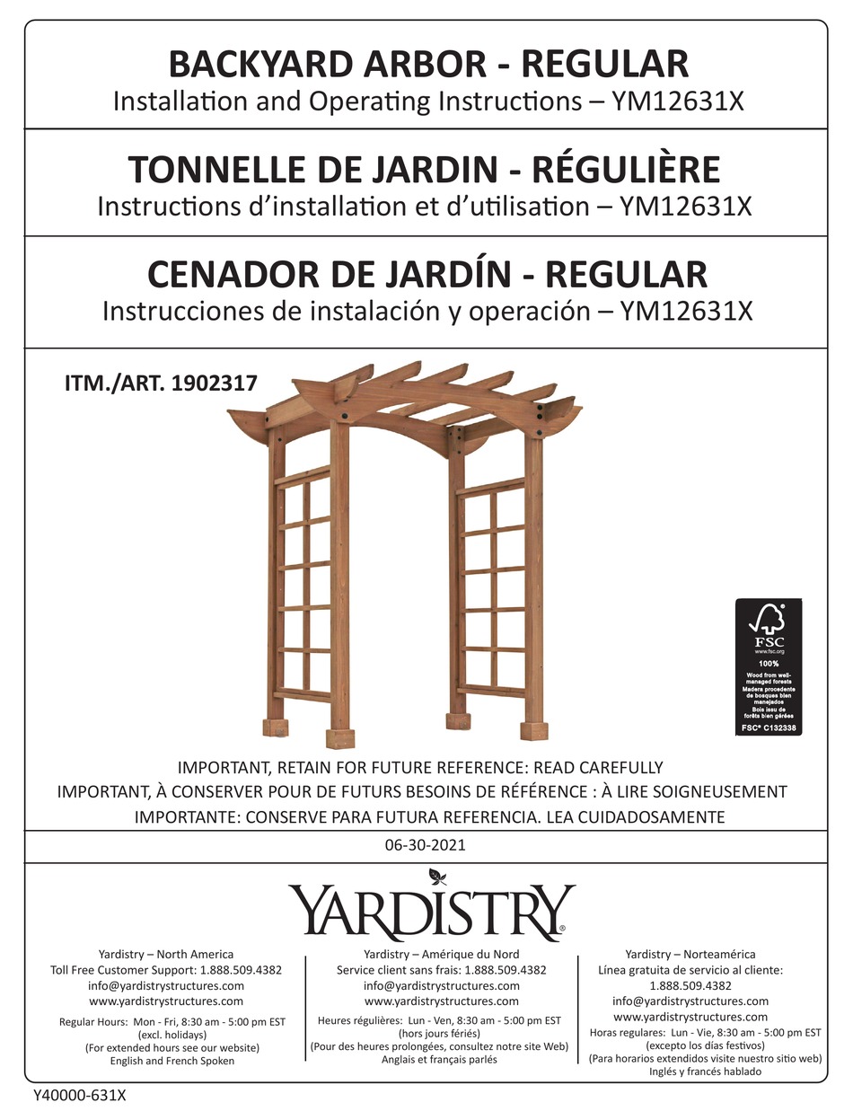 YARDISTRY YM12631X INSTALLATION AND OPERATING INSTRUCTIONS MANUAL Pdf