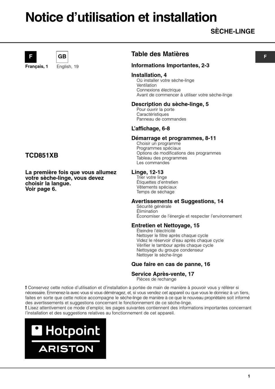 HOTPOINT ARISTON TCD851XB INSTRUCTION BOOKLET Pdf Download | ManualsLib