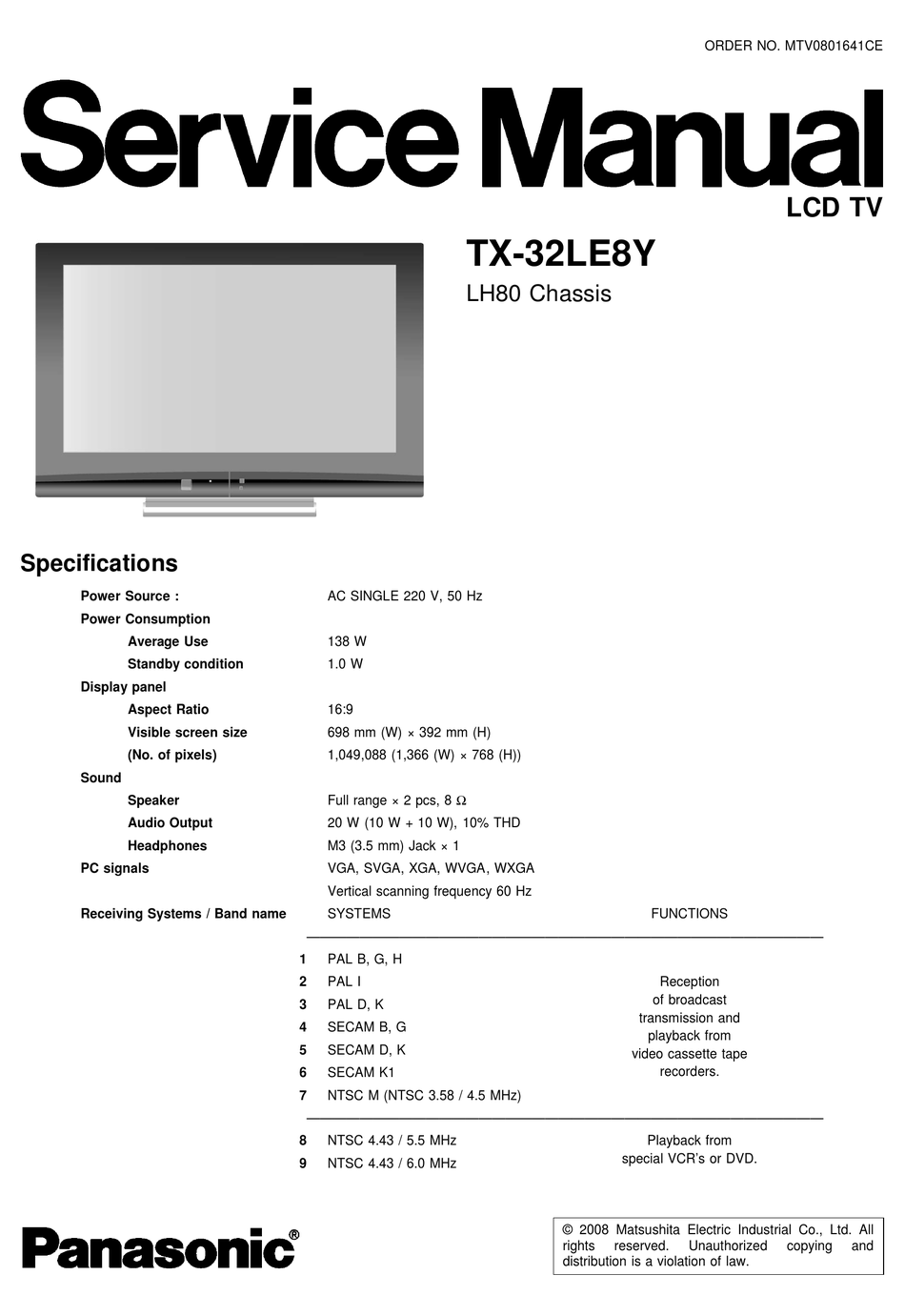 PANASONIC TX-32LE8Y SERVICE MANUAL Pdf Download | ManualsLib