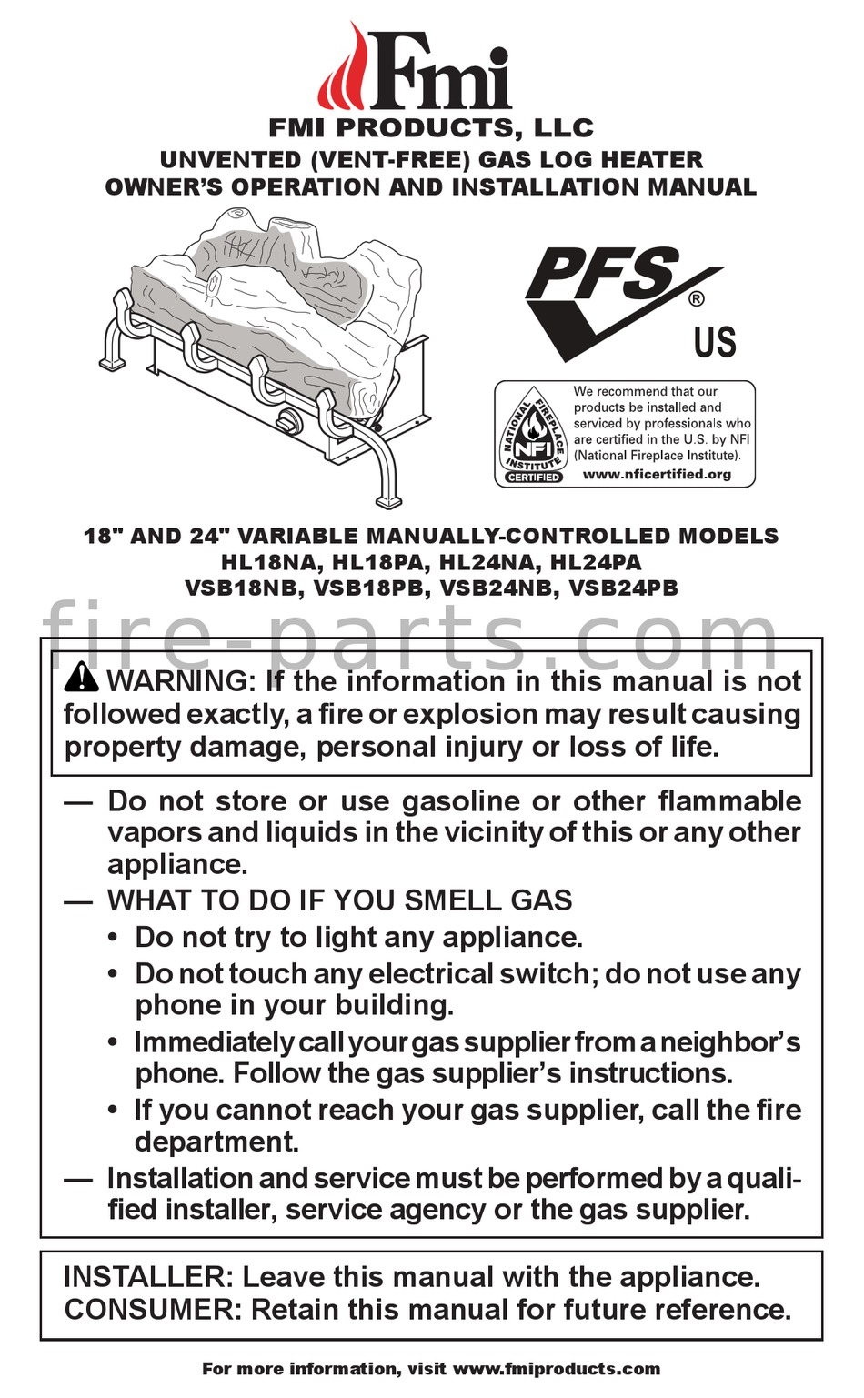 FMI HL18NA OWNER'S OPERATION AND INSTALLATION MANUAL Pdf Download
