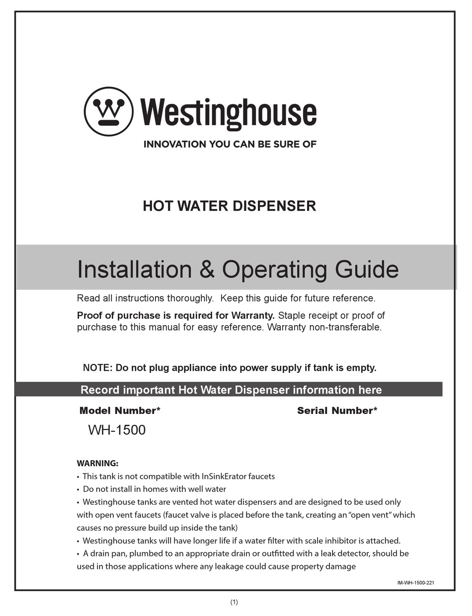 WESTINGHOUSE WH-1500 INSTALLATION & OPERATING MANUAL Pdf Download ...