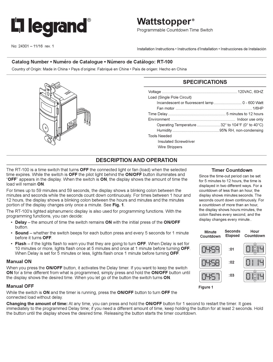 LEGRAND WATTSTOPPER RT100 INSTALLATION INSTRUCTIONS Pdf Download