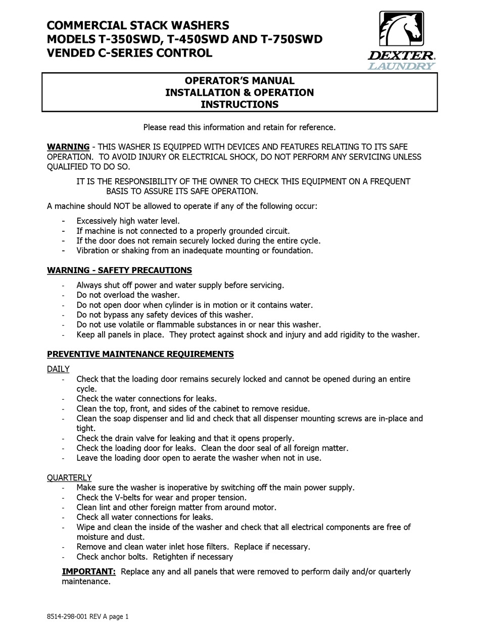 DEXTER LAUNDRY T450SWD OPERATORS MANUAL INSTALLATION & OPERATION