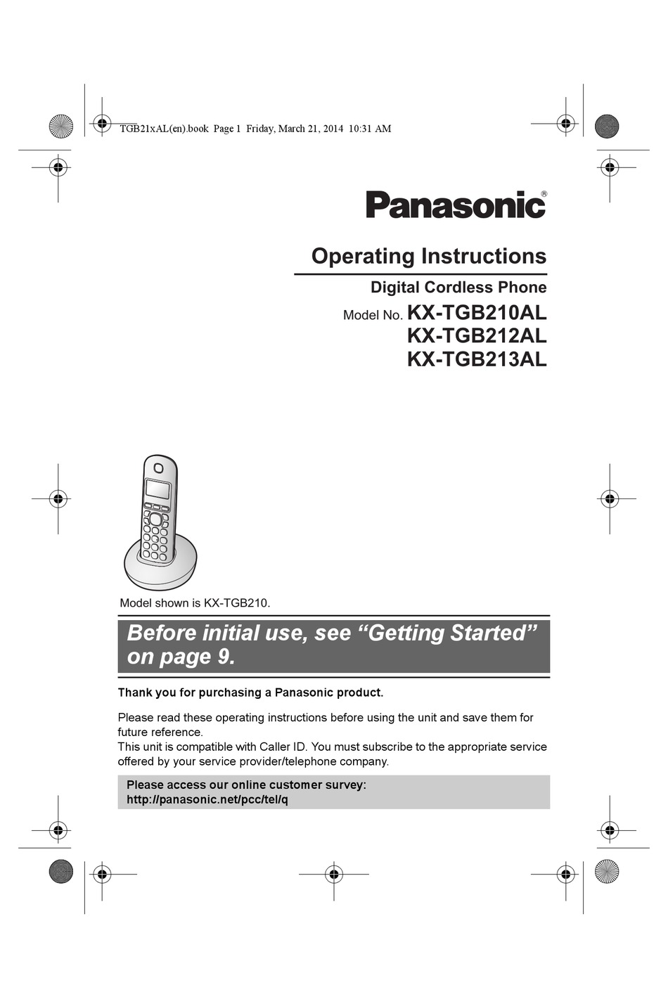 PANASONIC KX-TGB210AL OPERATING INSTRUCTIONS MANUAL Pdf Download ...