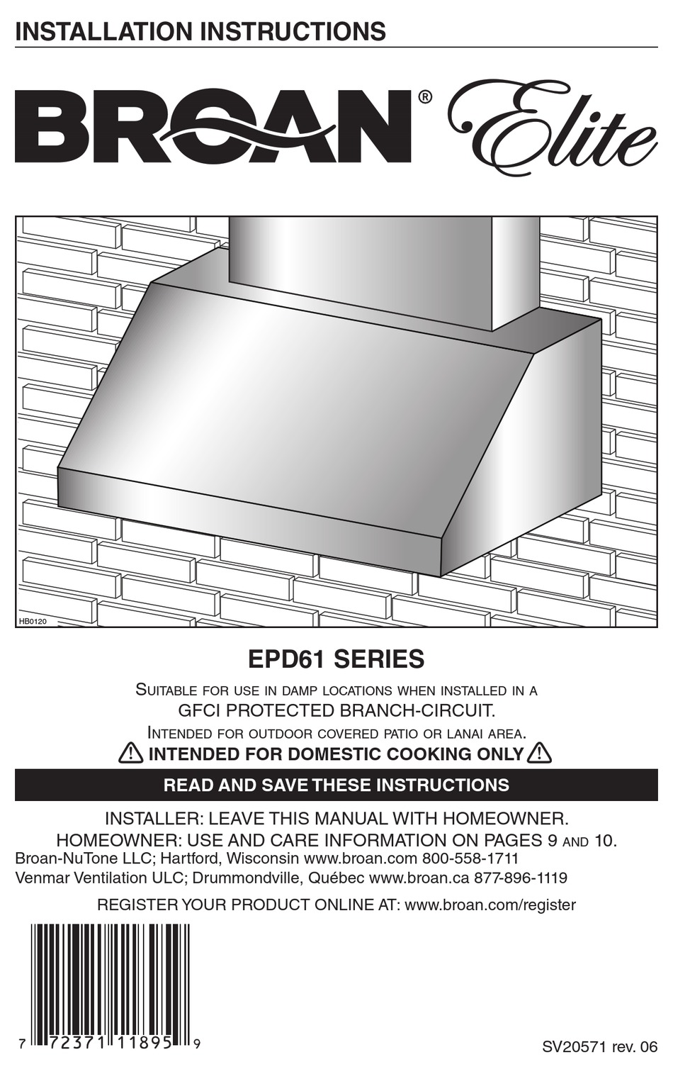 BROAN ELITE EPD6136SS INSTALLATION INSTRUCTIONS MANUAL Pdf Download