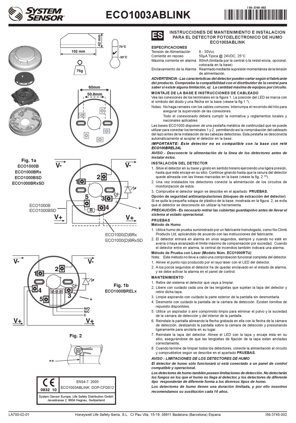 SYSTEM SENSOR ECO1003ABLINK INSTALLATION AND MAINTENANCE INSTRUCTIONS