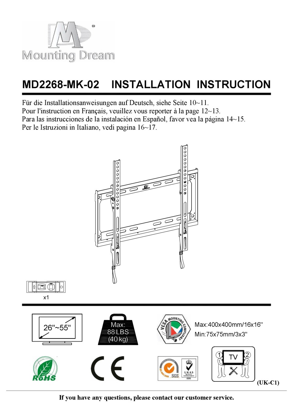 MOUNTING DREAM MD2268MK02 INSTALLATION INSTRUCTIONS MANUAL Pdf